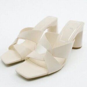 Zara Block Heel Cream/White Leather Twist Sandals